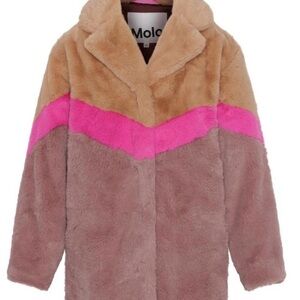 Molo Kids Colorblock Faux Fur Coat - Pink and Tan
